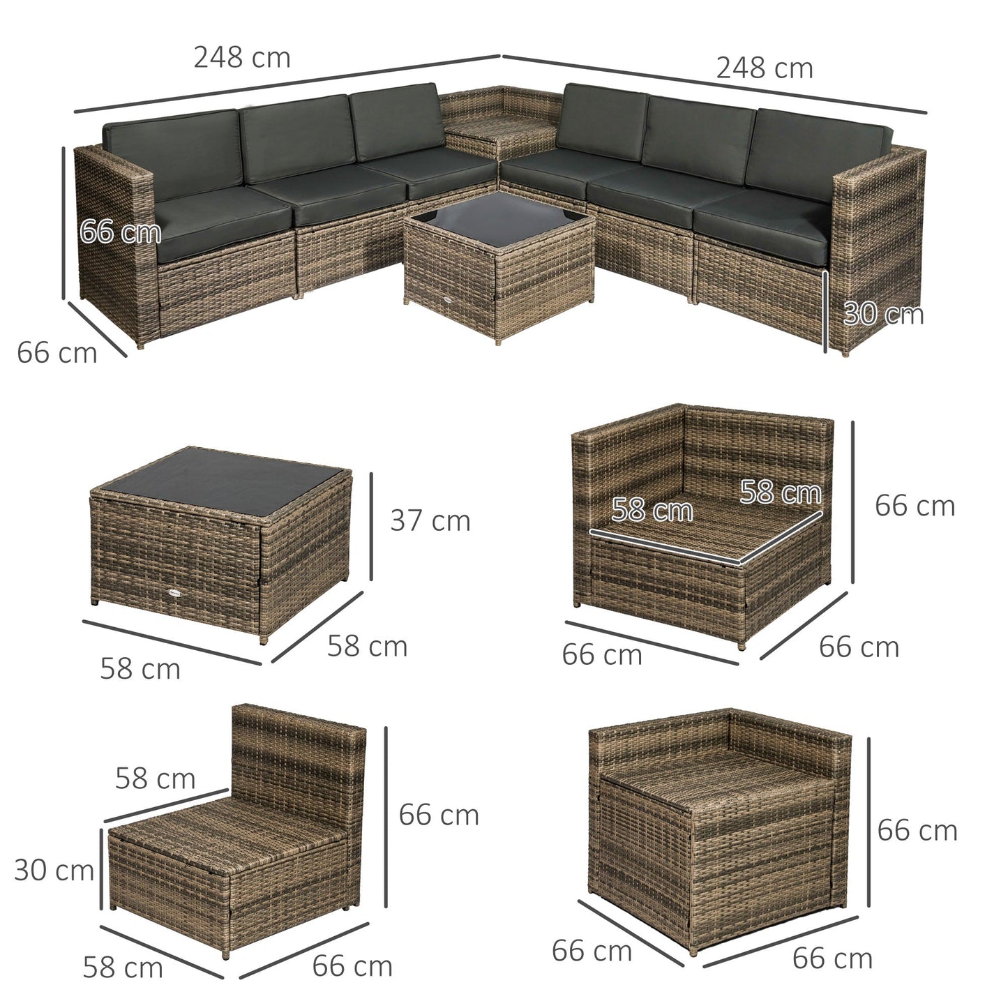 8-Piece Rattan Garden Furniture Patio Sofa and Table Set with Cushions 6 Seater Corner Outdoor Wicker Seat with Storage