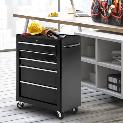 5-Drawer Lockable Steel Tool Storage Cabinet w/ Wheels Handle 2 Keys Organisation Box Unit Chest Garage DIY Workshop Trolley Black