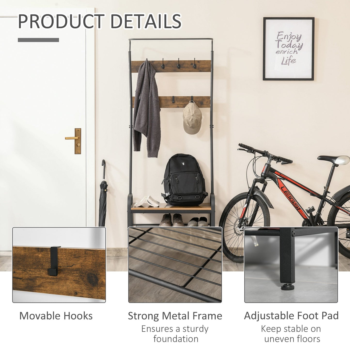 Coat Rack Stand Industrial hallway Shoe Rack Removable Hooks Metal Wood Hangers Storage Cabinet Rustic Brown 72L×34W×185Hcm