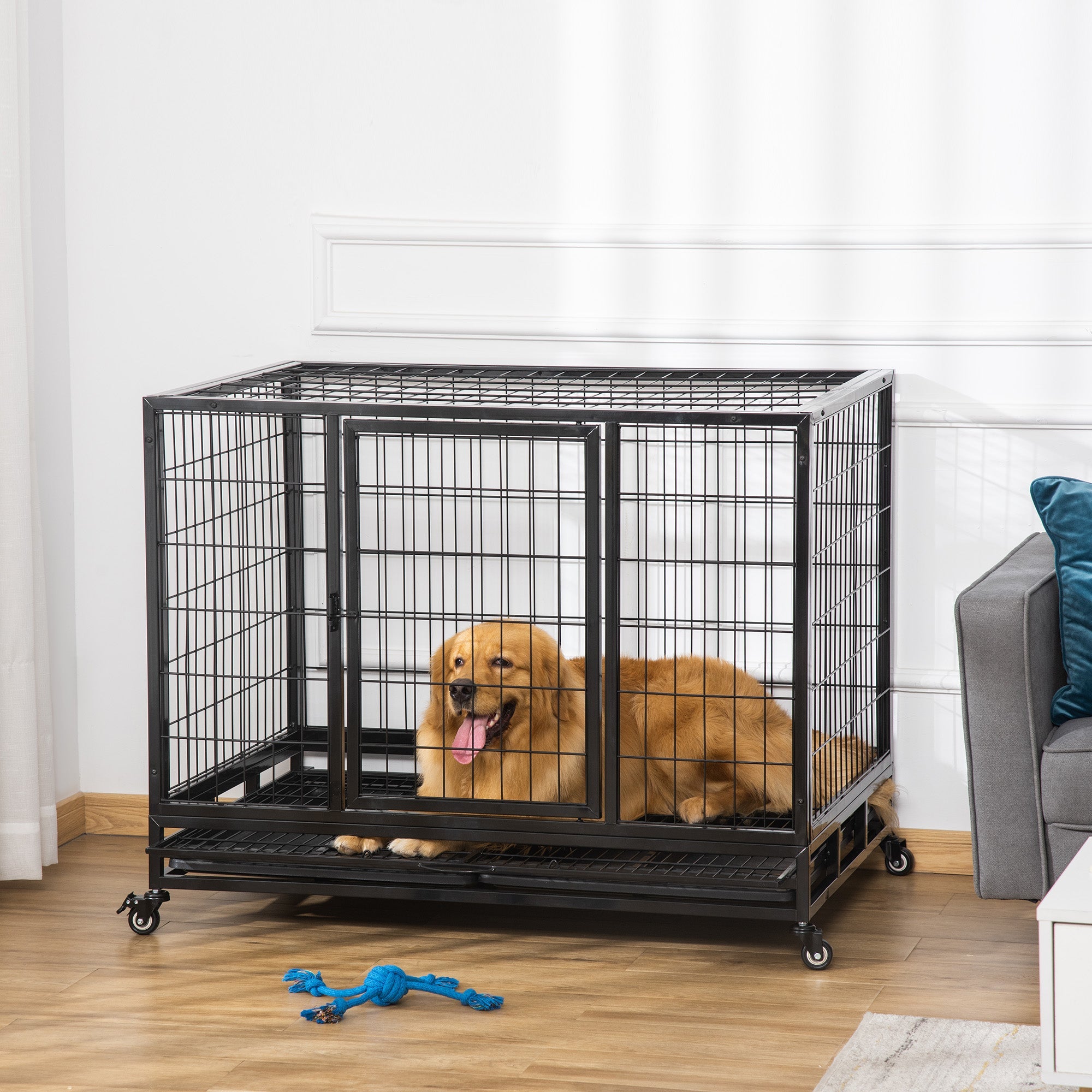 PawHut 43 Heavy Duty Metal Dog Crate Pet Cage with Tray Wheeled Dog Kennel Black Large only 99.99