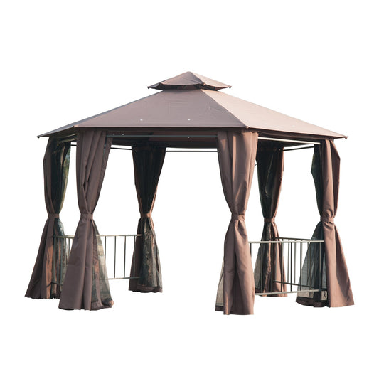 3 x 3M Hexagon Gazebo Patio Canopy Party Tent Outdoor Garden Shelter w/ 2 Tier Roof & Side Panel - Brown