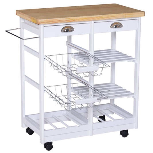 Rolling Kitchen Island Trolley Cart Drawer Shelves Basket Wheels W/ 6 Bottle Wine Rack White