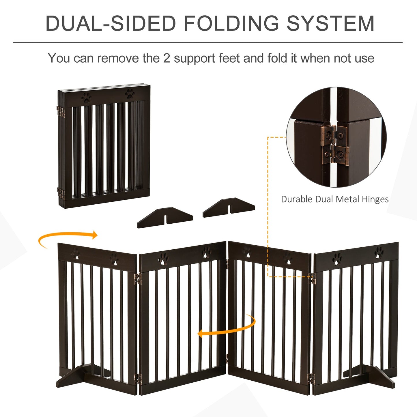 Pawhut Freestanding Pet Gate 4 Panel Folding Wooden Dog Barrier With Support Feet