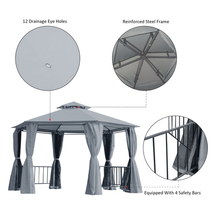 3 x 3M Hexagon Gazebo Patio Canopy Party Tent Outdoor Garden Shelter w/ 2 Tier Roof & Side Panel - Grey