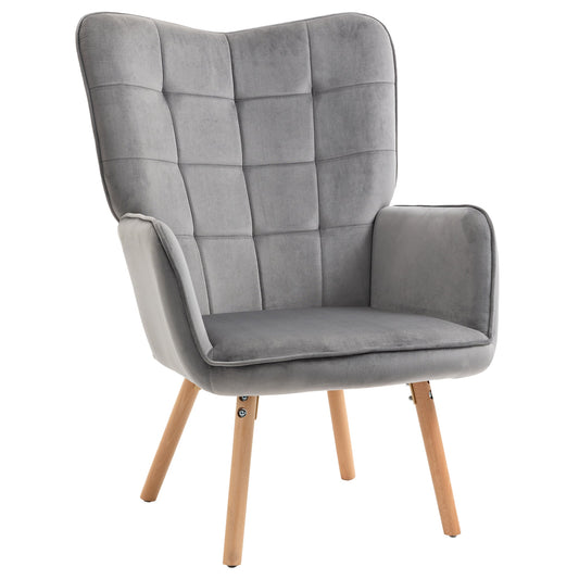 Accent Chair VelvetTufted Wingback Armchair Club Chair with Wood Legs Grey