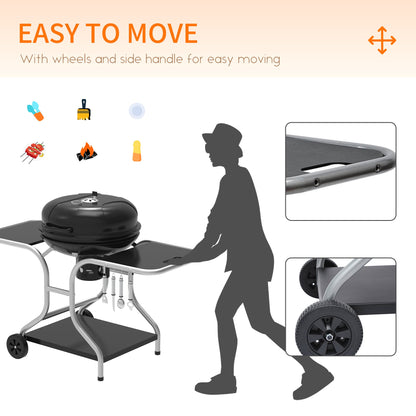 Portable Charcoal Kettle Grill Outdoor Barbecue Trolley BBQ Heat Smoker Grilling with Two wheels