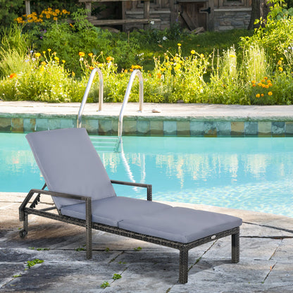 Outdoor PE Rattan Sun Lounger Wicker Chaise Recliner Garden Chair with 5-Level Adjustable Backrest and 2 Wheels