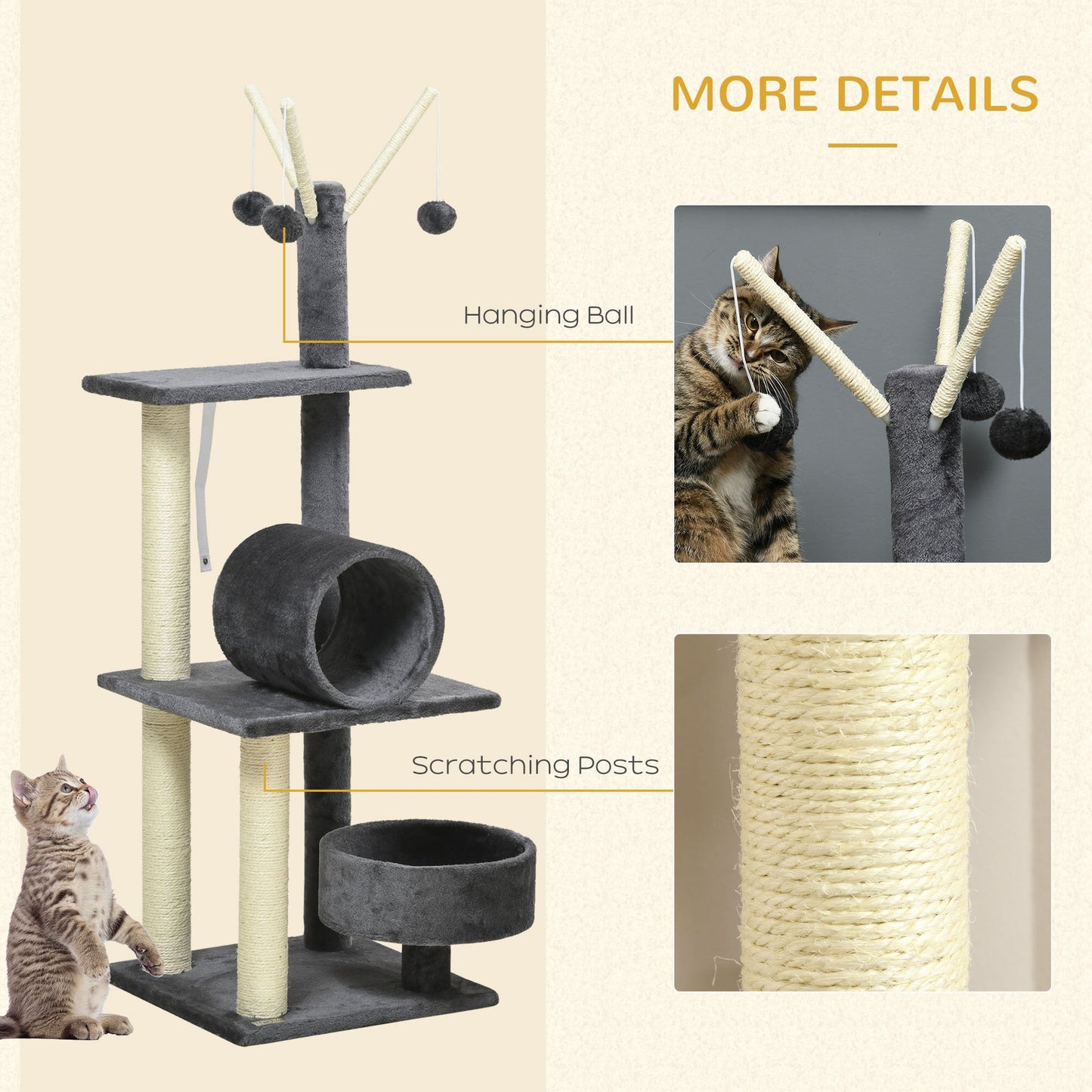 PawHut 121cm Cat Tree Tower for Indoor Cats Kitten Activity Centre Scratching Post with Bed Tunnel Perch Interactive Ball Toy Grey