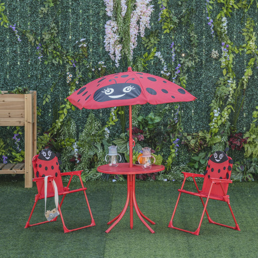 Kids Folding Picnic Table and Chairs Set Ladybug Pattern Outdoor w/ Parasol