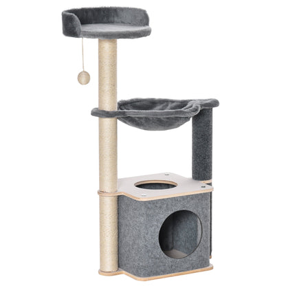 PawHut Cat Tree for Indoor Cats 95cm Climbing Tower Kitten Activity Center with Sisal Scratching Post Perch Roomy Condo Hammock Removable Felt Hanging Toy