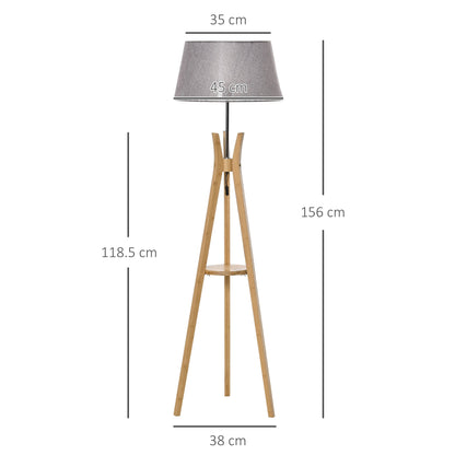 Homcom Natural Wood Tripod Floor Lamp Light E27 Base Bedroom Living Room Fabric Shade Storage Shelf Foot Switch