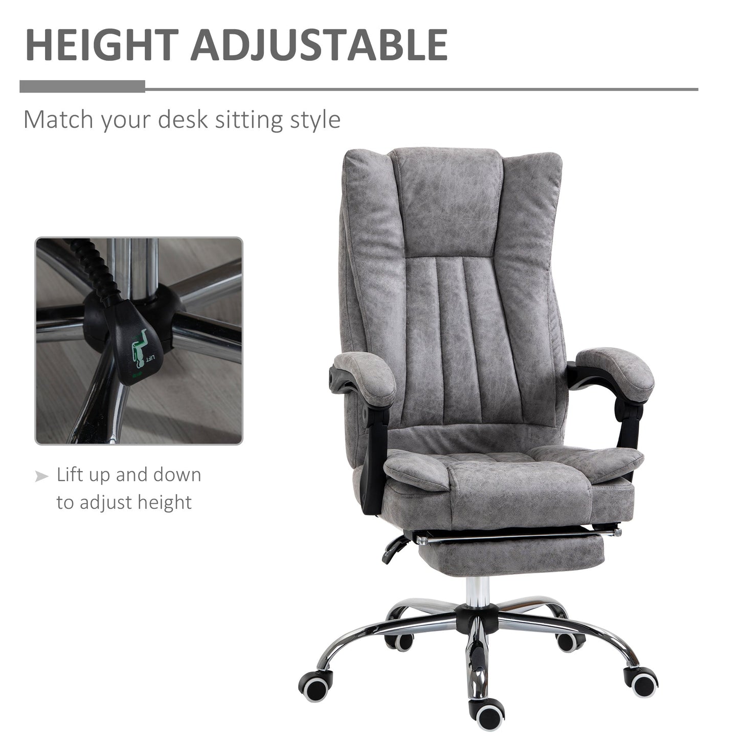 Vinsetto Home Office Chair Microfibre Desk Chair with Reclining Function Armrests Swivel Wheels Footrest Grey