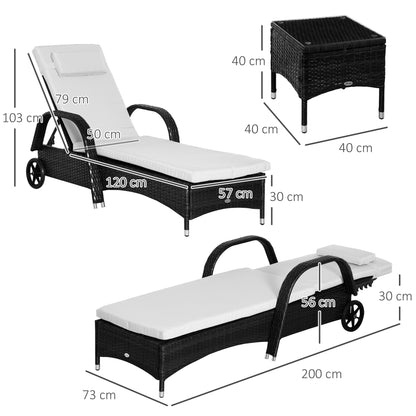 Outsunny 2 Seater Rattan Sun Lounger Set With Side Table Black