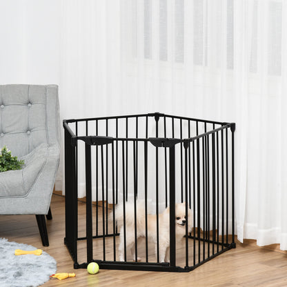 PawHut Pet Safety Gate 5-Panel Playpen Fireplace Christmas Tree Metal Fence Stair Barrier Room Divider with Walk Through Door Automatically Close Lock Black