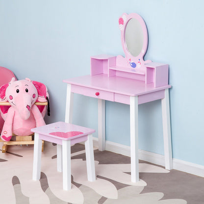 Kids Wooden Dressing Table and Stool Make Up Desk Pink