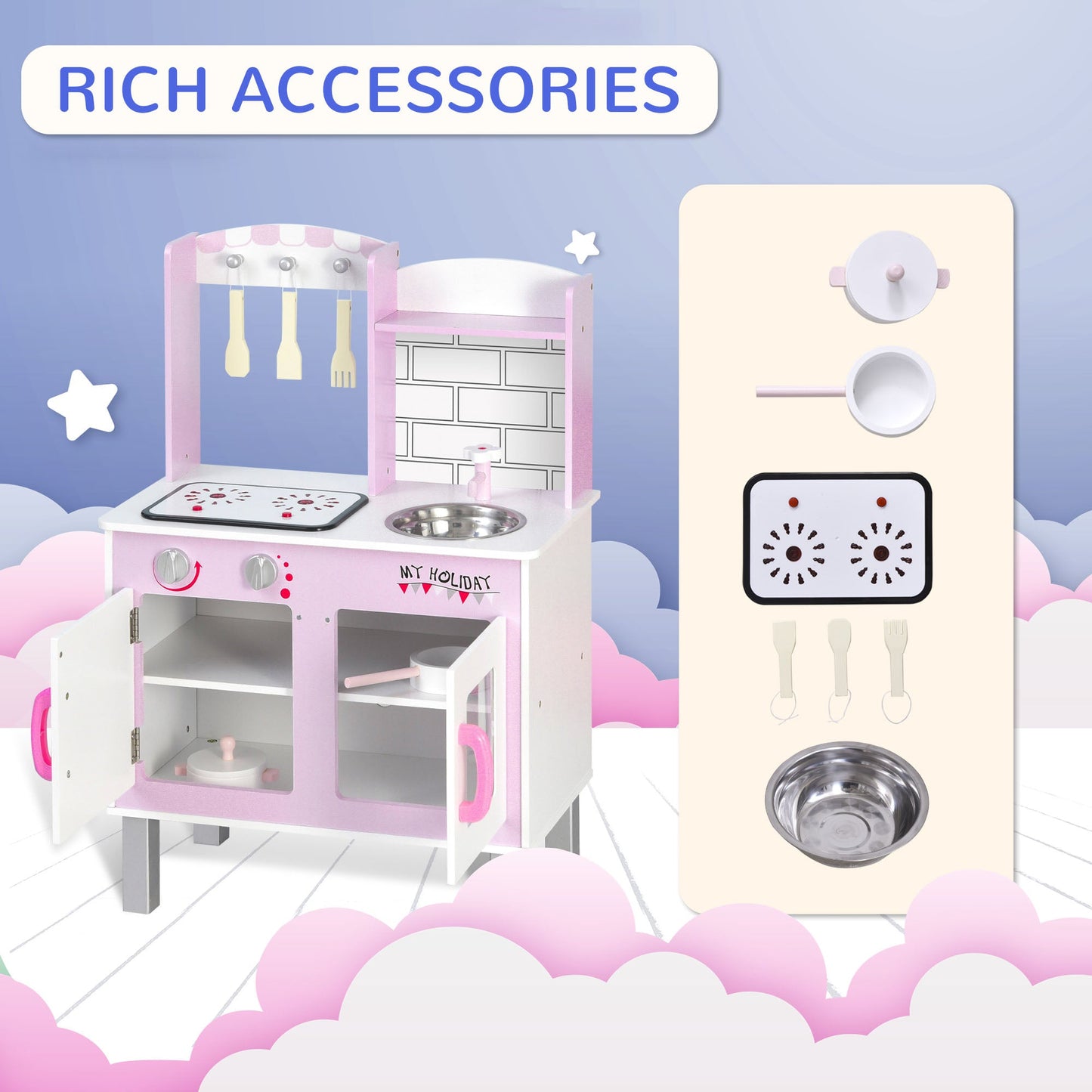 Kids Pretend Kitchen Playset w/ Cooking Toy Accessories - Pink