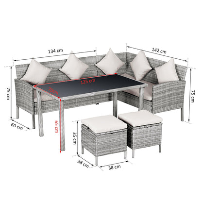6 Seater Rattan Dining Set Sofa Table Footstool Outdoor w/ Cushion Garden Furniture