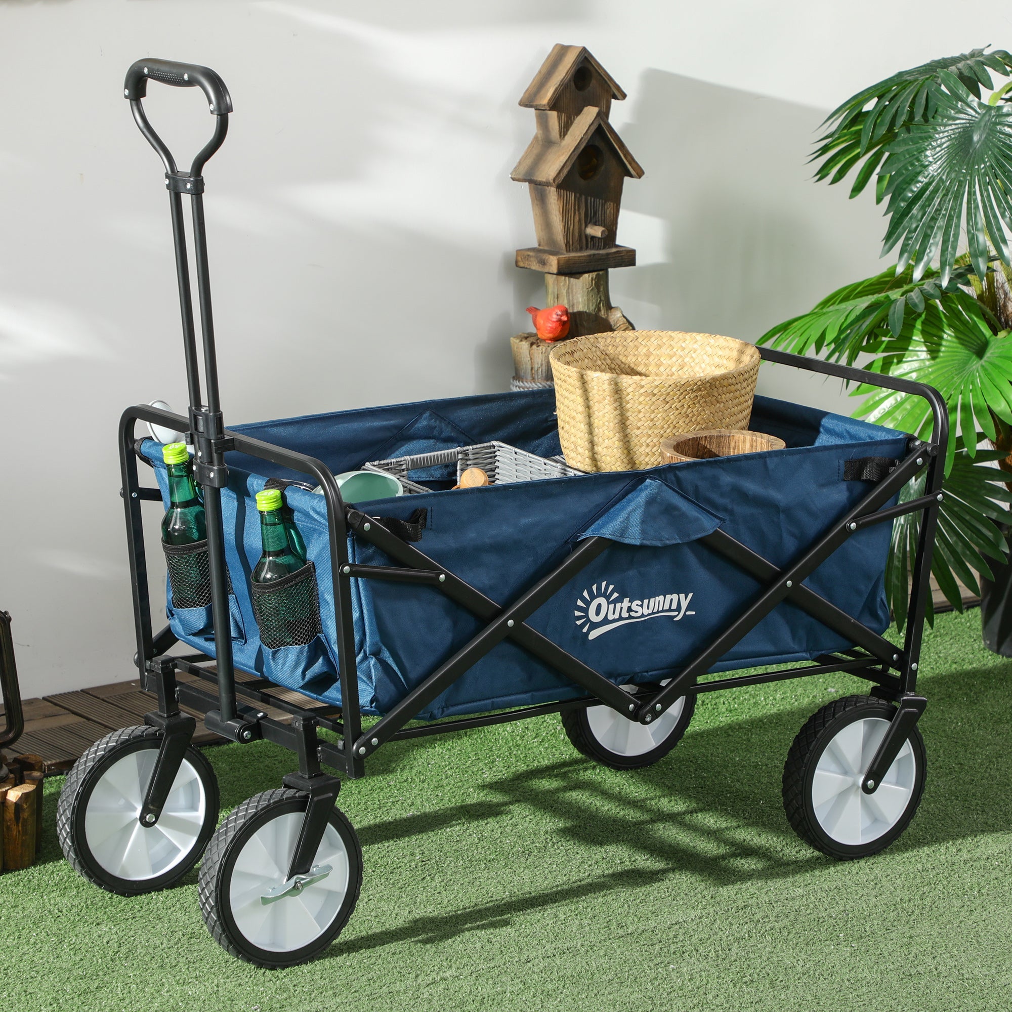 Pull Along Cart Folding Cargo Wagon Trailer Trolley for Beach Garden Use with Telescopic Handle Navy Blue only 69.99