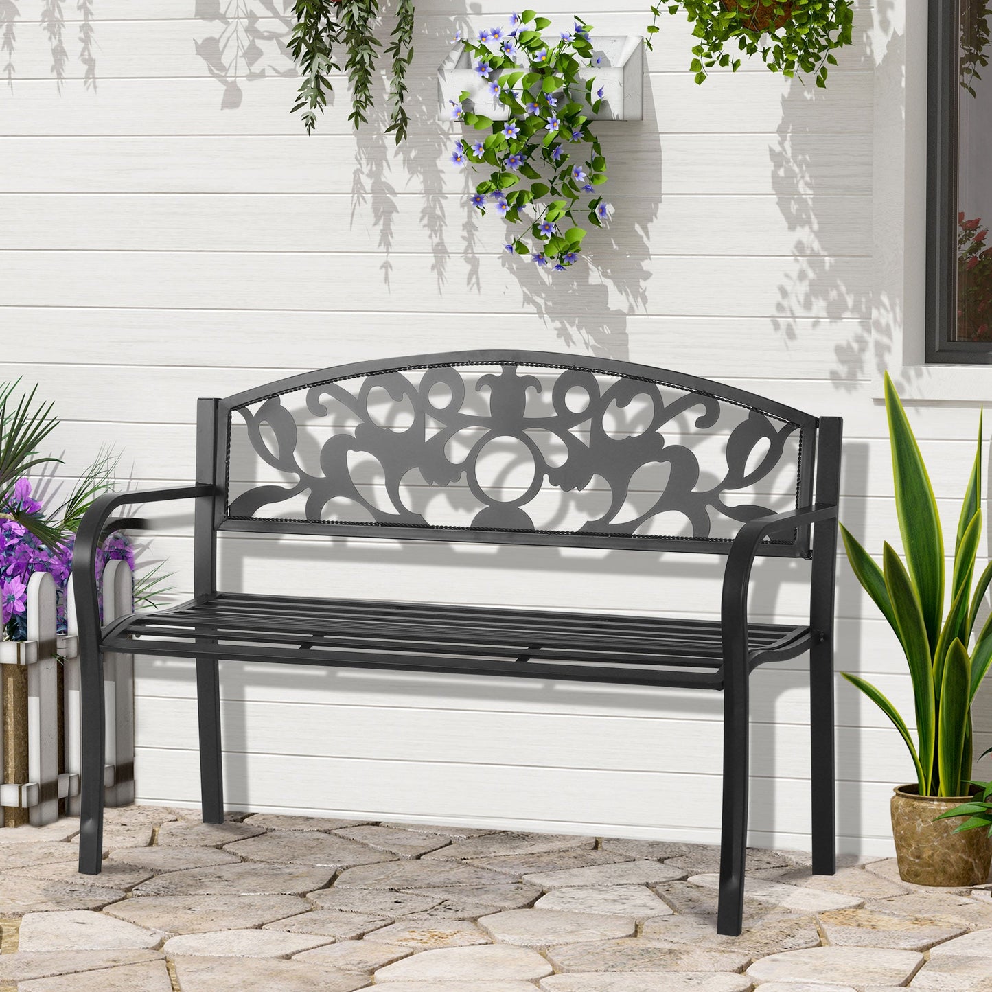 Outsunny Metal Frame Bench 128Lx50Wx91H cm Net Weight 12Kg-Black