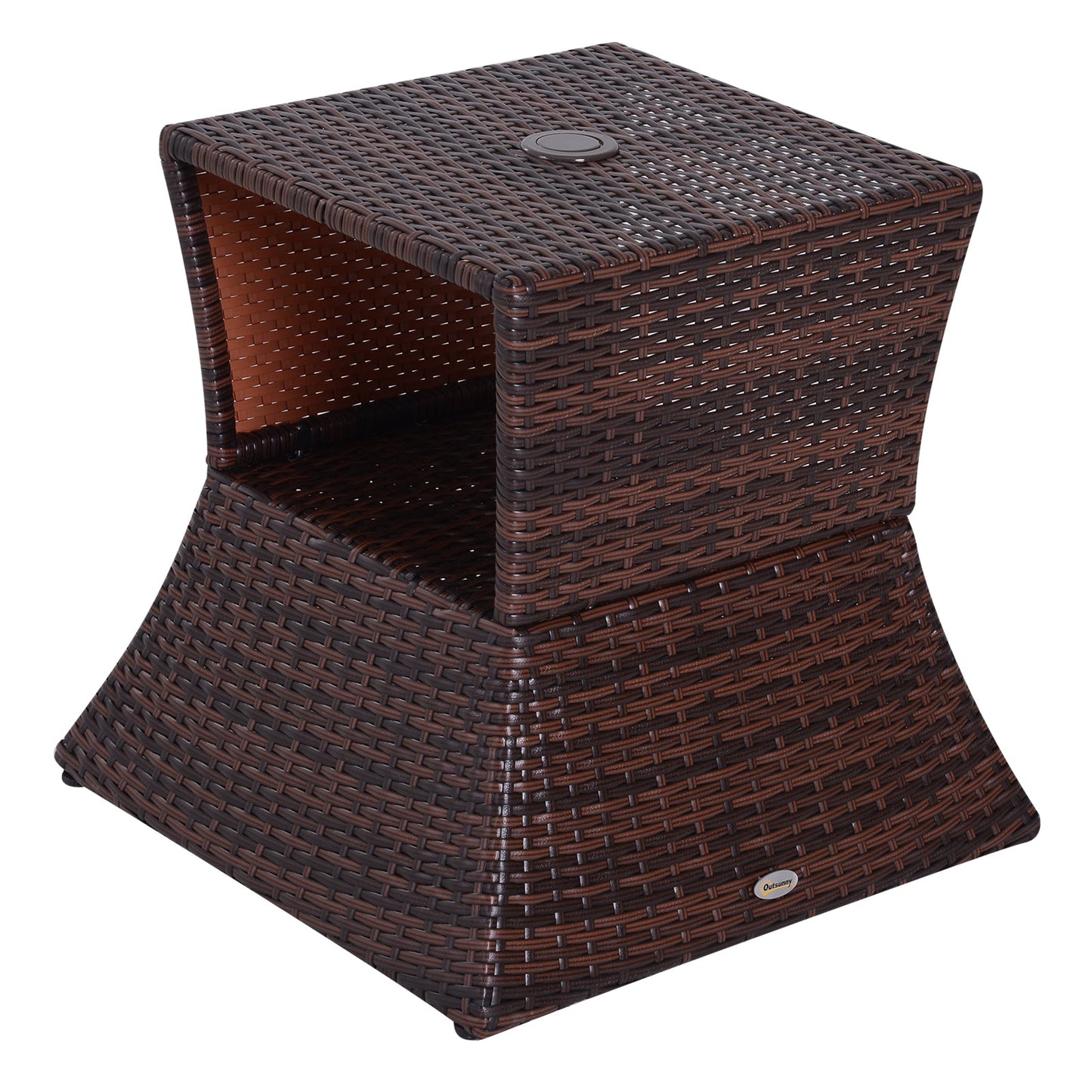 Outdoor Patio Rattan Wicker Coffee Table Bistro Side Table w/ Umbrella Hole and Storage Space