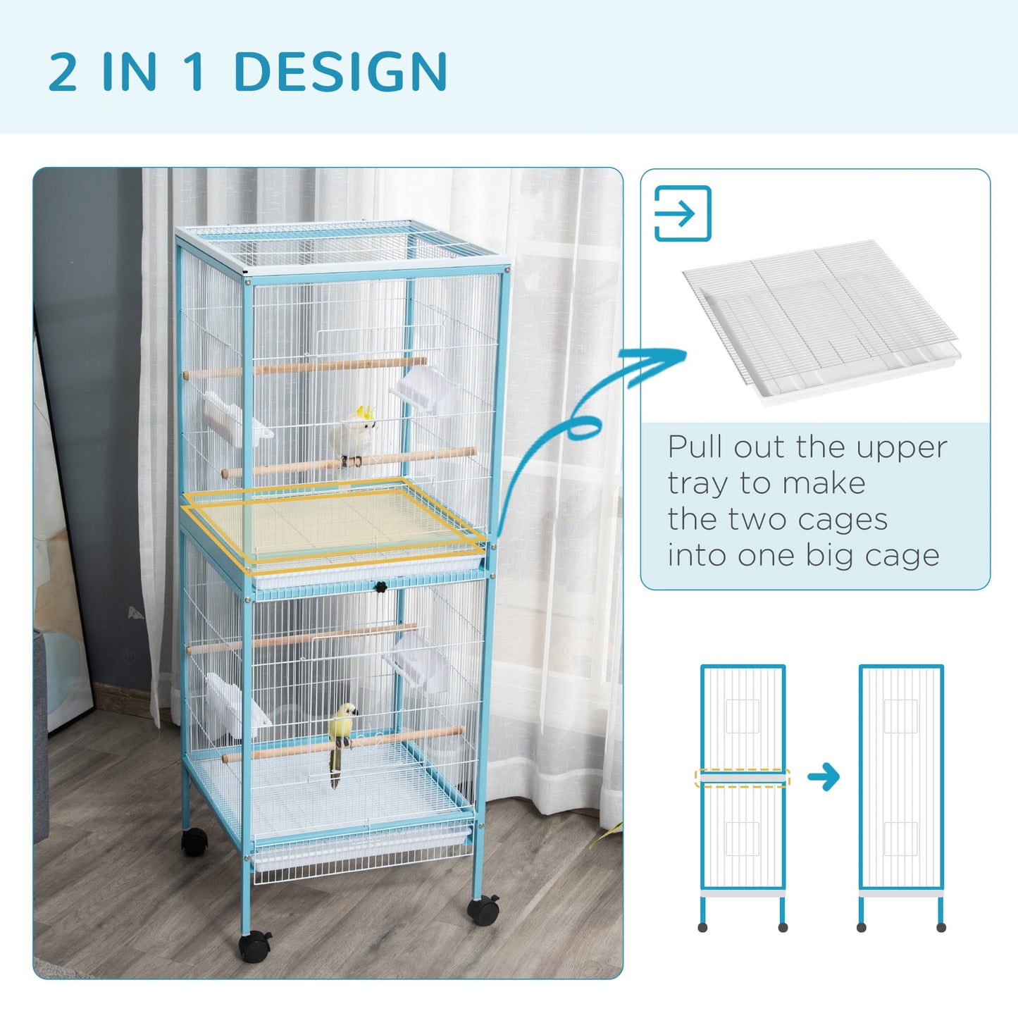 Double 140cm Bird Cage Wheeled Blue & White by Pawhut