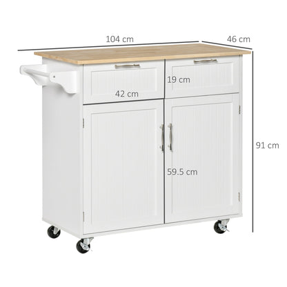 Modern Rolling Kitchen Island Storage Cart Utility Trolley with Rubberwood Top Two Drawers-White