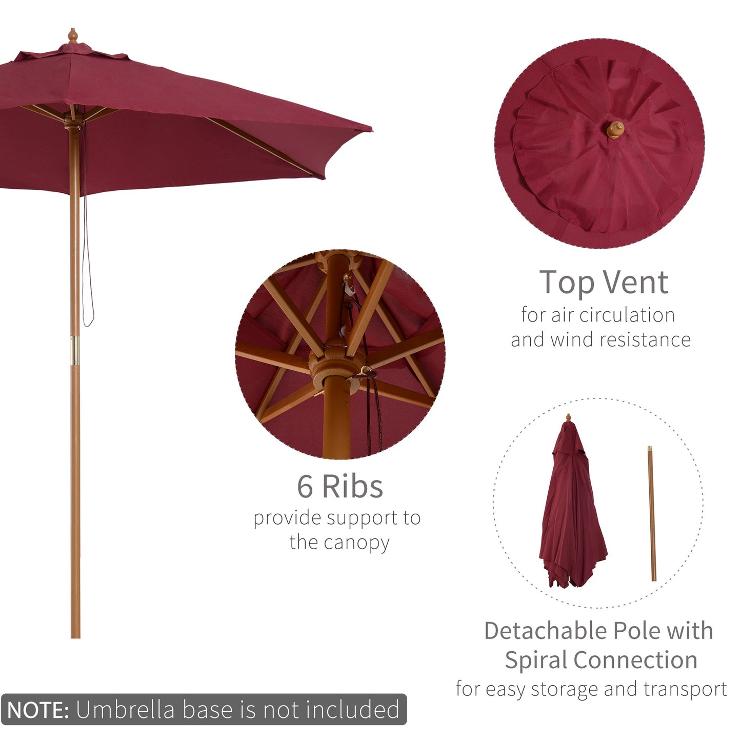 Outsunny 2.5M Wooden Garden Parasol Umbrella-Red Wine