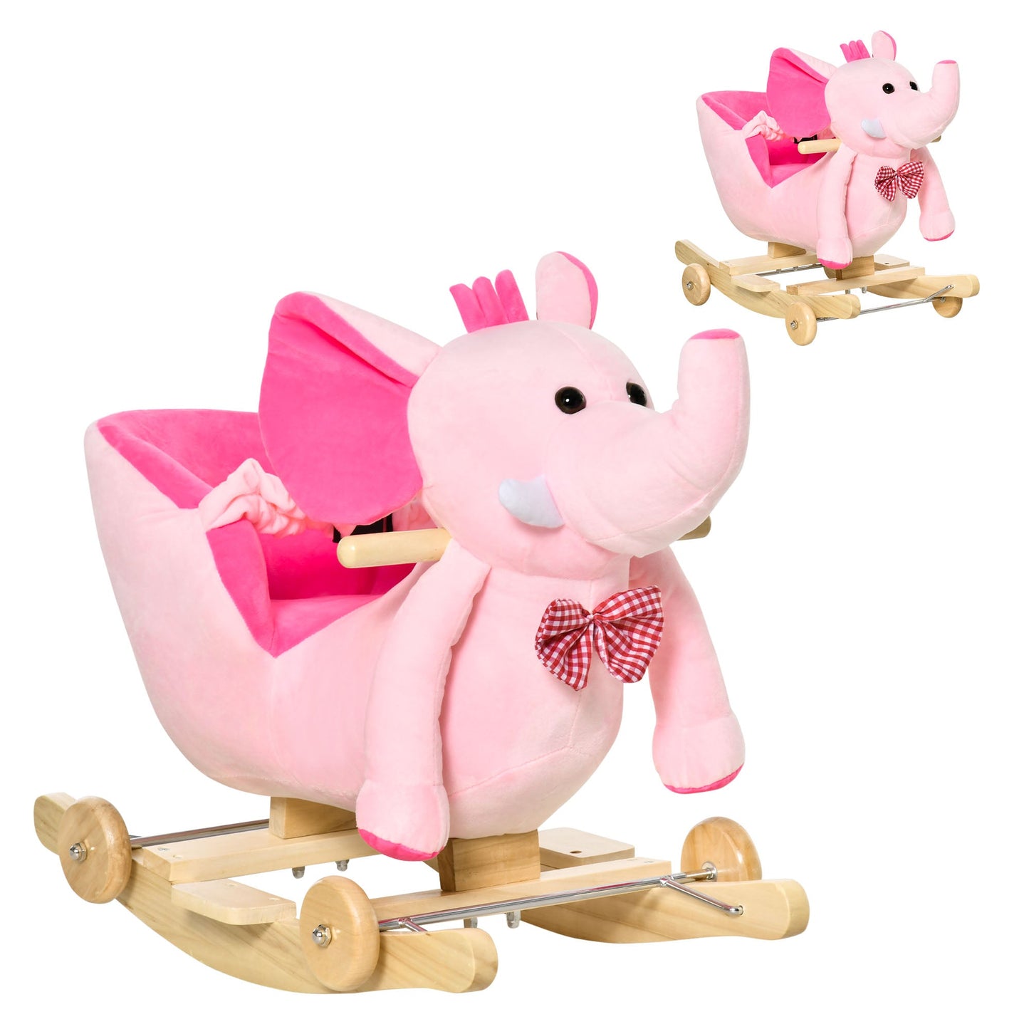 2 In 1 Plush Baby Ride on Rocking Horse Elephant Rocker with Wheels Wooden Toy for Kids 32 Songs Pink