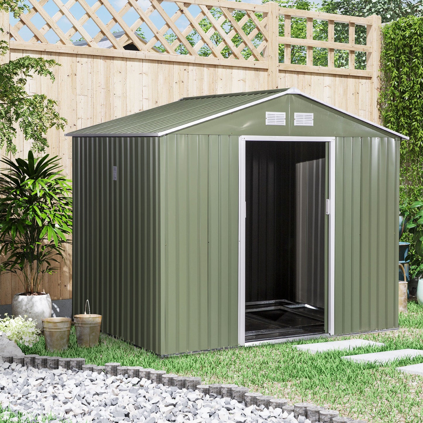 Corrugated 9 x 6' Double Door Apex Garden Shed With Ventilation Steel Green by Steadfast