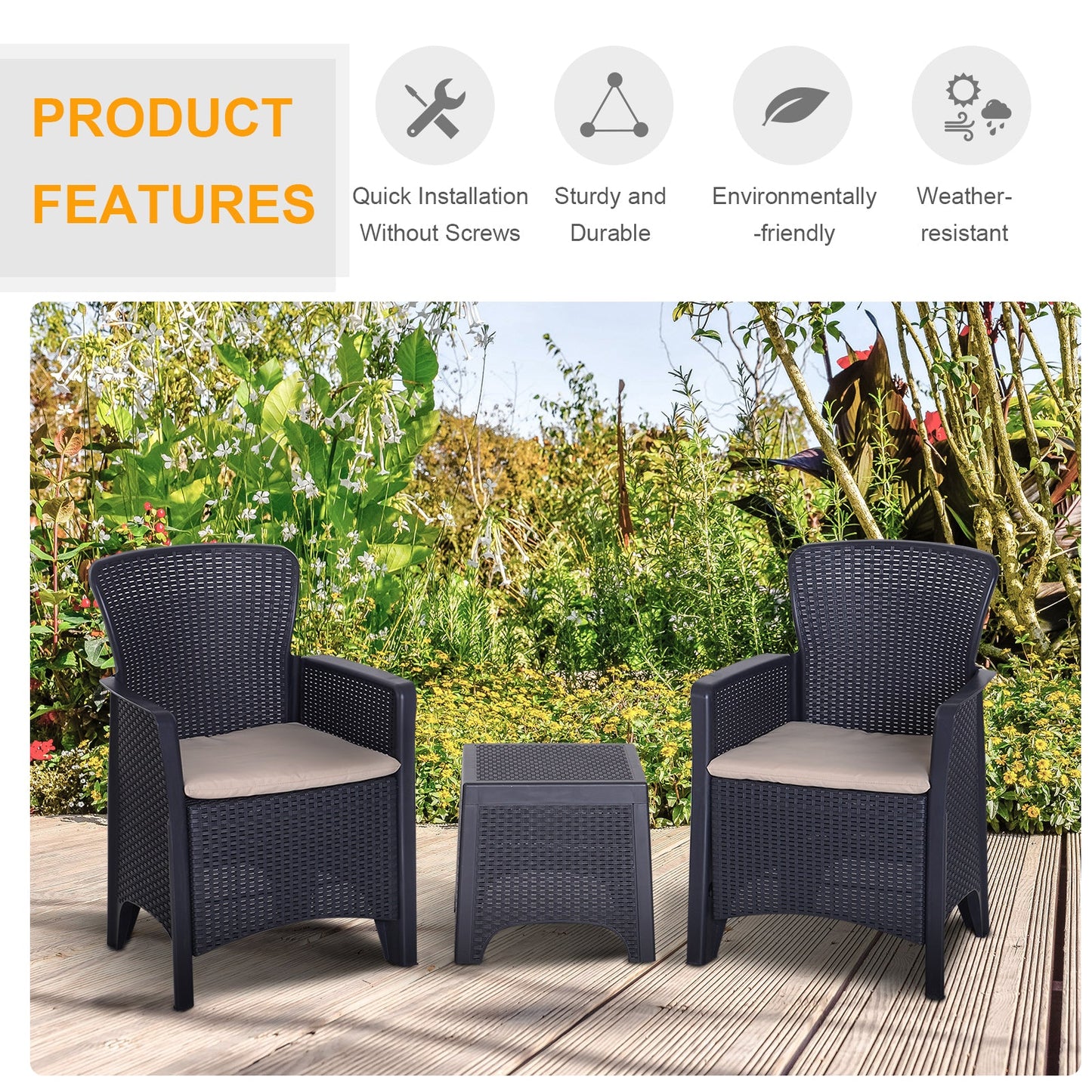 3-Piece Rattan Effect Garden Bistro Set 2 Chairs & Coffee Table Set with Cushion Patio Lawn Balcony Furniture - Dark Brown