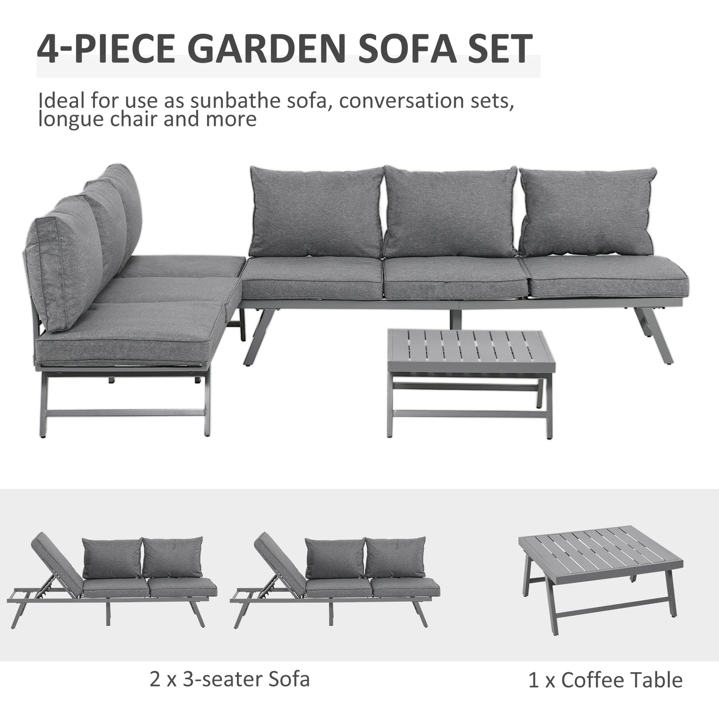 3-Piece Garden Seating Set w/ Convertible Sofa Lounge Table Padded Cushions Outdoor Patio Furniture Couch Grey