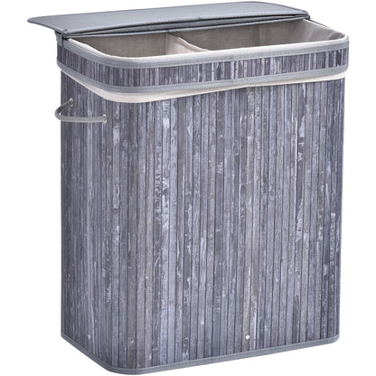 100L Two-Compartment Wooden Laundry Basket – Grey