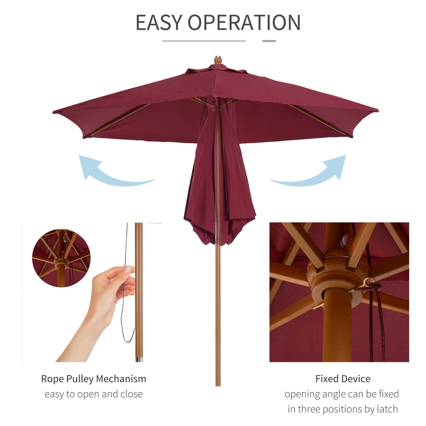 Outsunny 2.5M Wooden Garden Parasol Umbrella-Red Wine