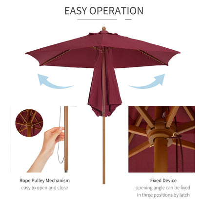 Outsunny 2.5M Wooden Garden Parasol Umbrella-Red Wine