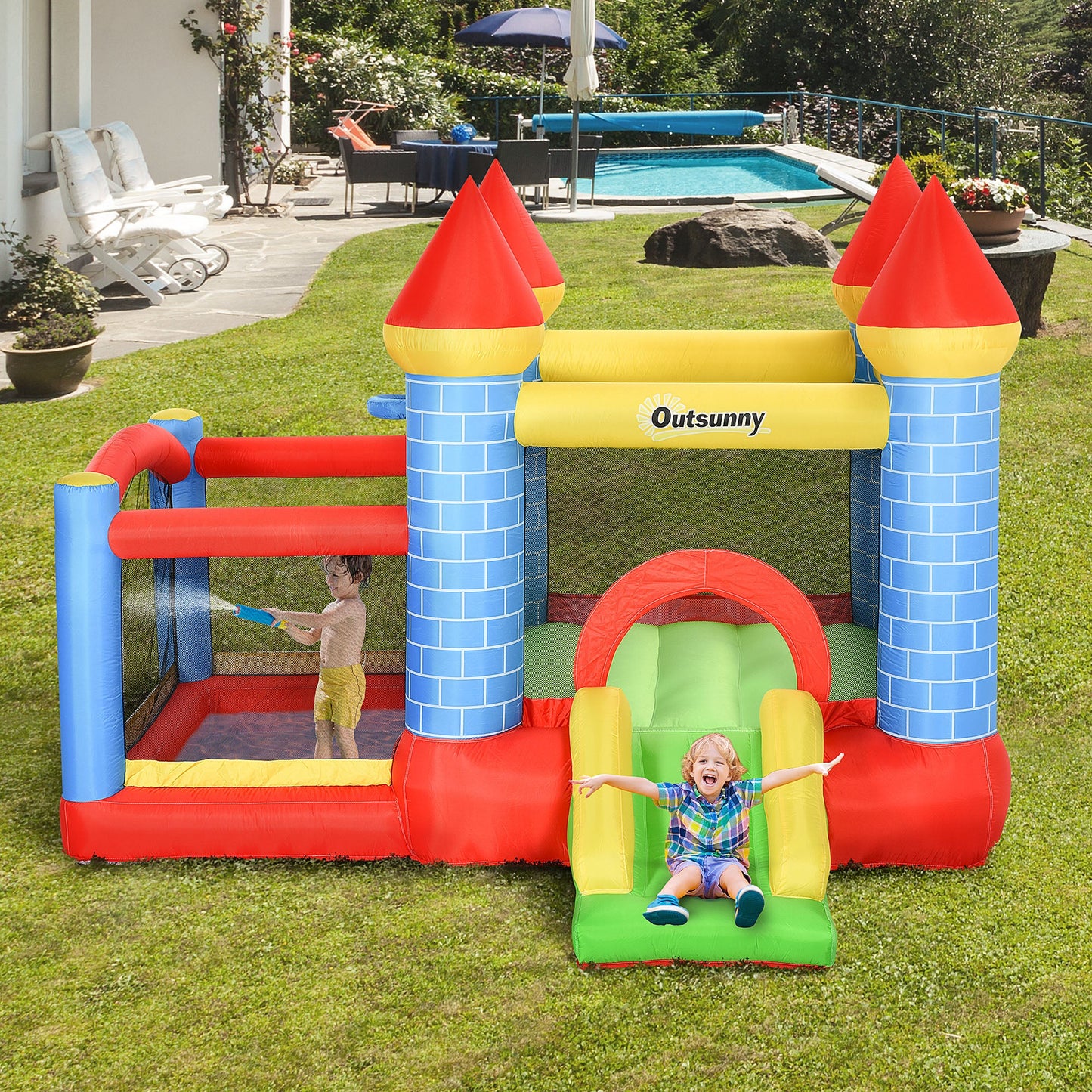 Kids Bounce Castle Inflatable Trampoline Slide Pool Basket for Kids Age 3-10