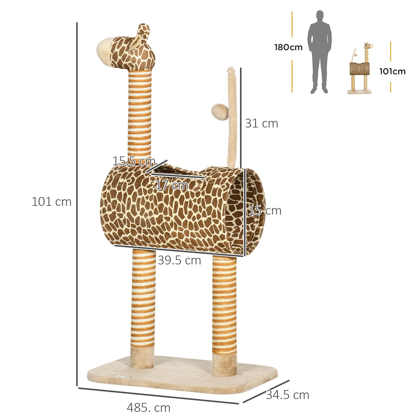 PawHut Cat Tree for Indoor Cats Cute Giraffe Kitten Play Tower with Scratching Posts Tunnel Ball Toy