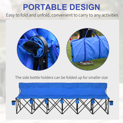 Football 6 Seater Folding Sports Bench Outdoor Picnic Camping Portable Spectator Chair Steel Frame w/ Cup Holder & Carry Bag - Blue