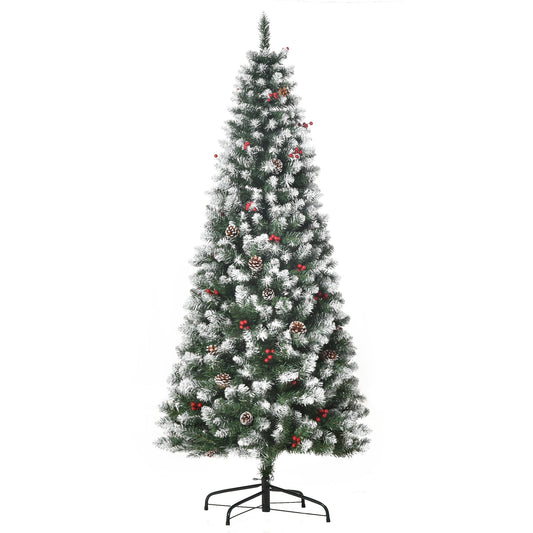 6FT Artificial Christmas Tree Foldable Feet Xmas Pencil Tree with Red Berries and Pinecones