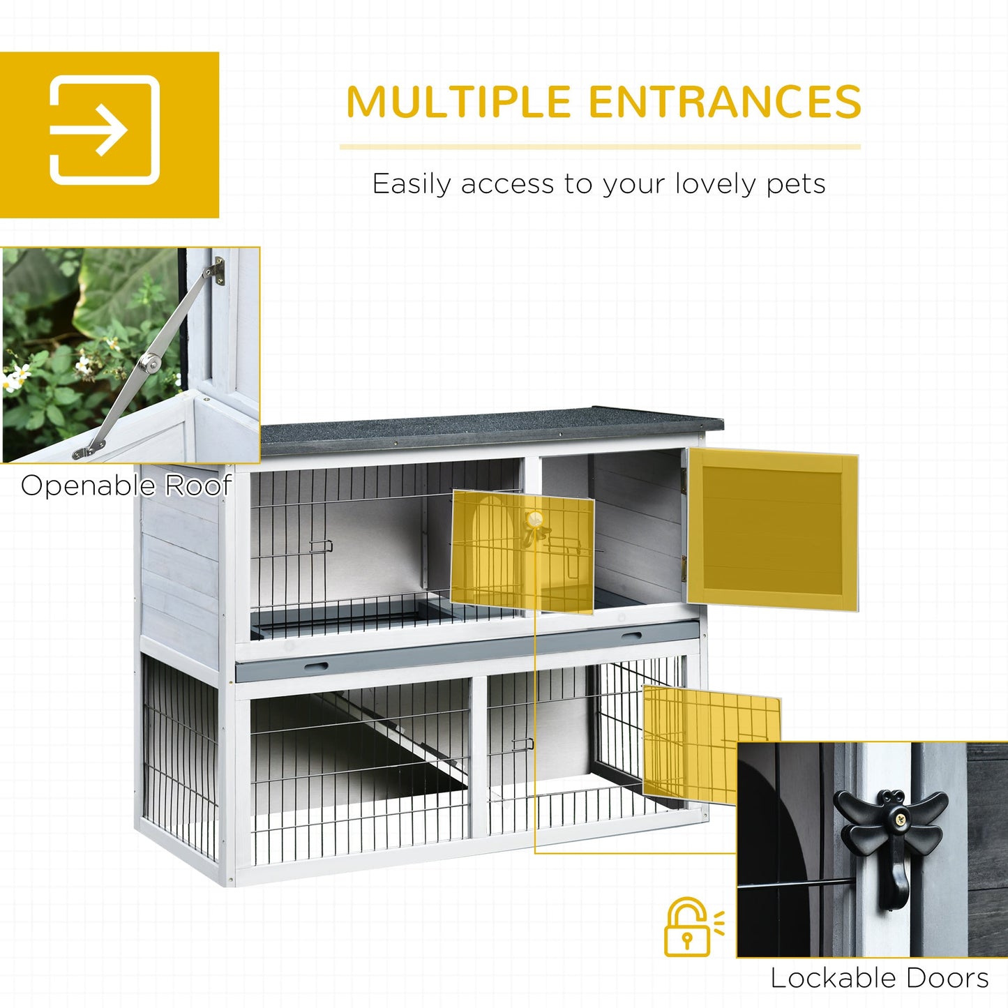 PawHut 2-Tier Wooden Rabbit Hutch Guinea Pig House Bunny Cage Backyard w/ Ramp Outdoor Run Built-in Tray Openable Roof Small Animal House Grey