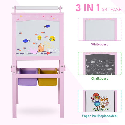 3 In 1 Kid's Wooden Art Easel with Dual-Sides and Storage Baskets