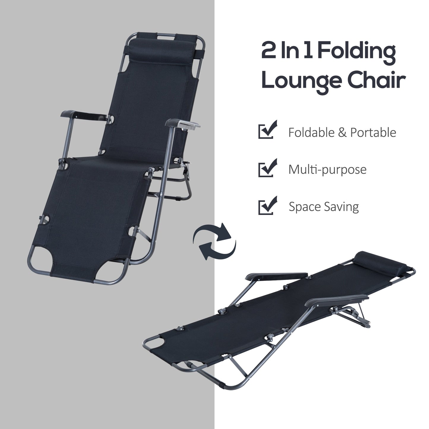 Metal Frame 2 In 1 Sun Lounger w/ Pillow Black