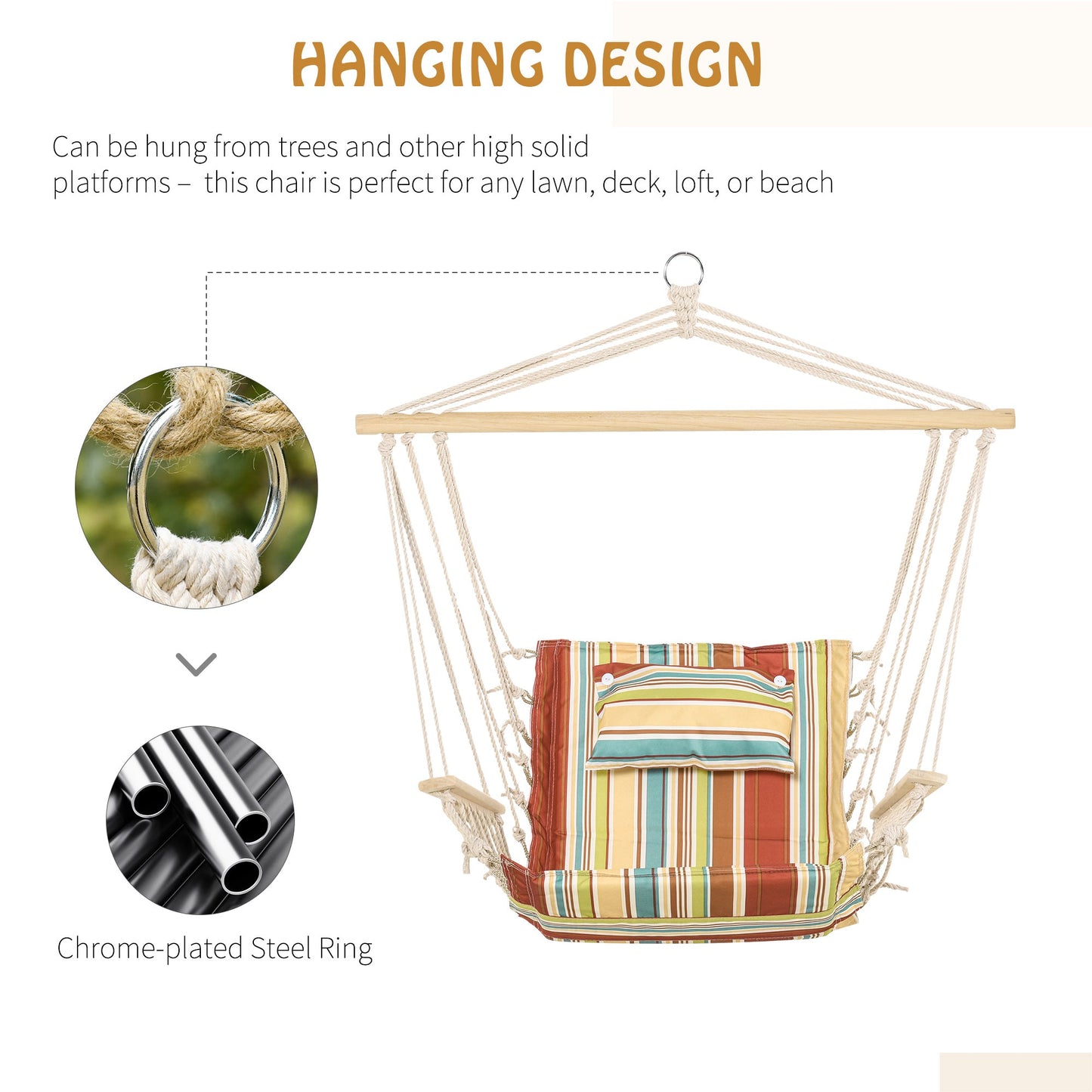 Hanging Hammock Chair Swing Chair Thick Rope Frame Safe Wide Seat Indoor Outdoor Home