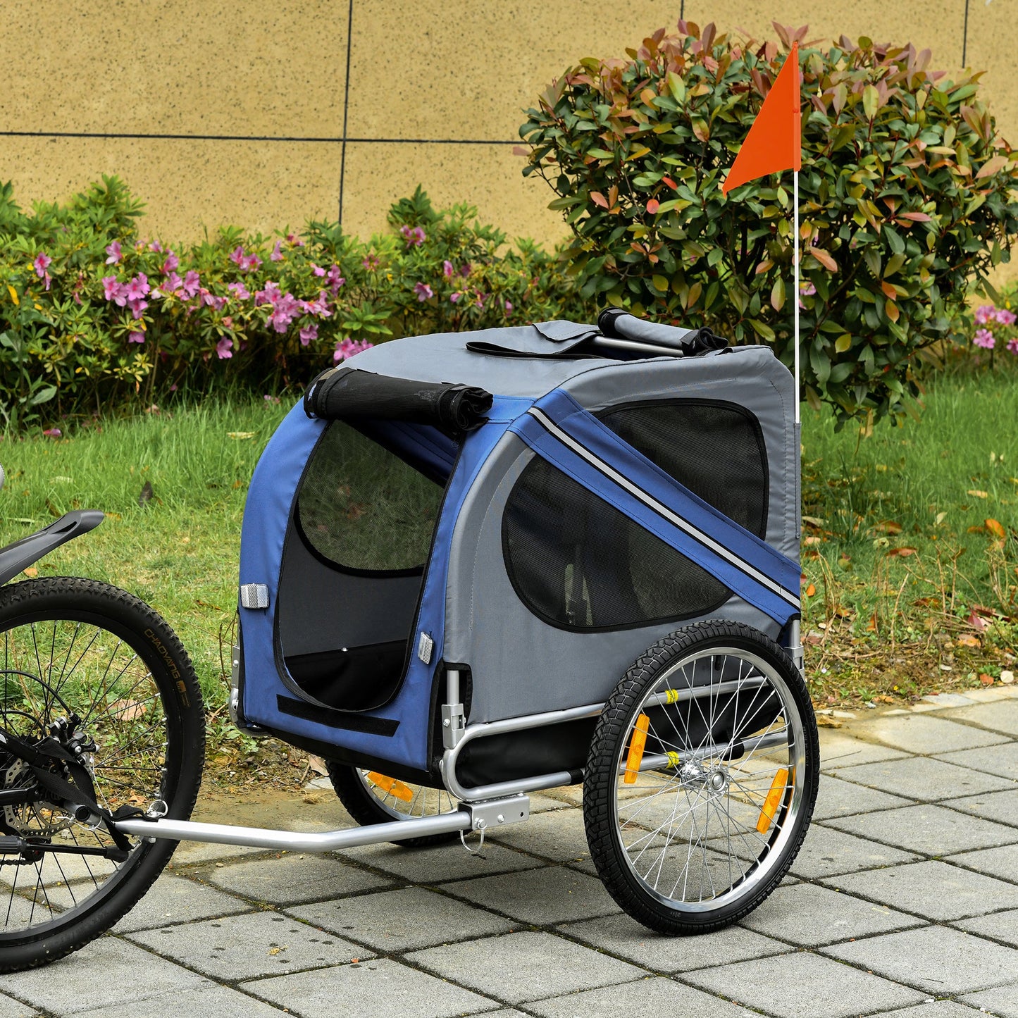 PawHut Folding Dog Bike Trailer Pet Cart Carrier for Bicycle Travel in Steel Frame with Hitch Coupler - Blue & Grey