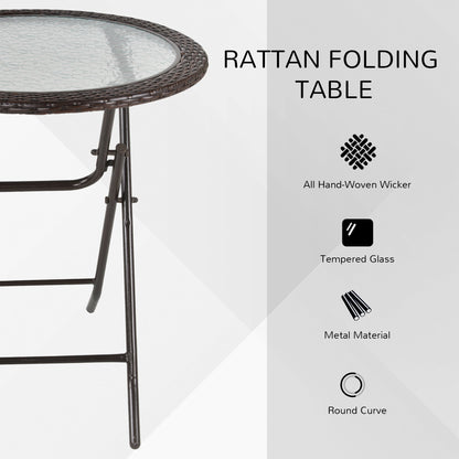 Outsunny Folding Round Tempered Glass Metal Table with Brown Rattan Edging