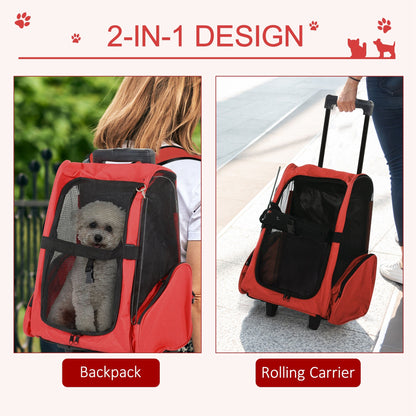 PawHut Pet Travel Backpack Bag Cat Puppy Dog Carrier w/ Trolley and Telescopic Handle Portable Stroller Wheel Luggage Bag (Red)