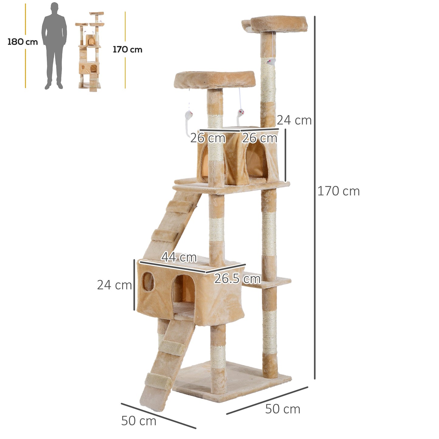 PawHut 170cm Cat Tree Kitten Kitty Scratcher Post Climbing Tower Activity Center House-Cream