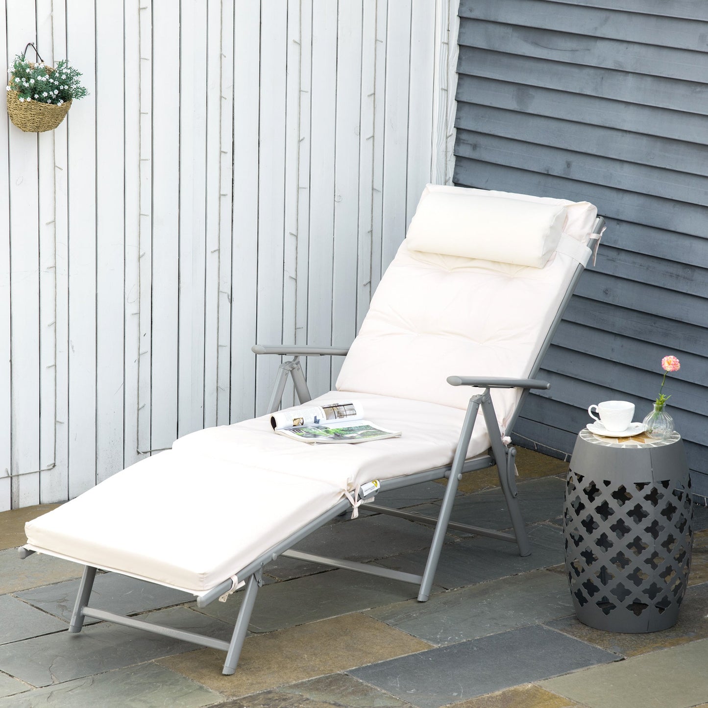 Outdoor Patio Sun Lounger Garden Textilene Foldable Reclining Chair Pillow Adjustable Recliner with Cushion - Cream White