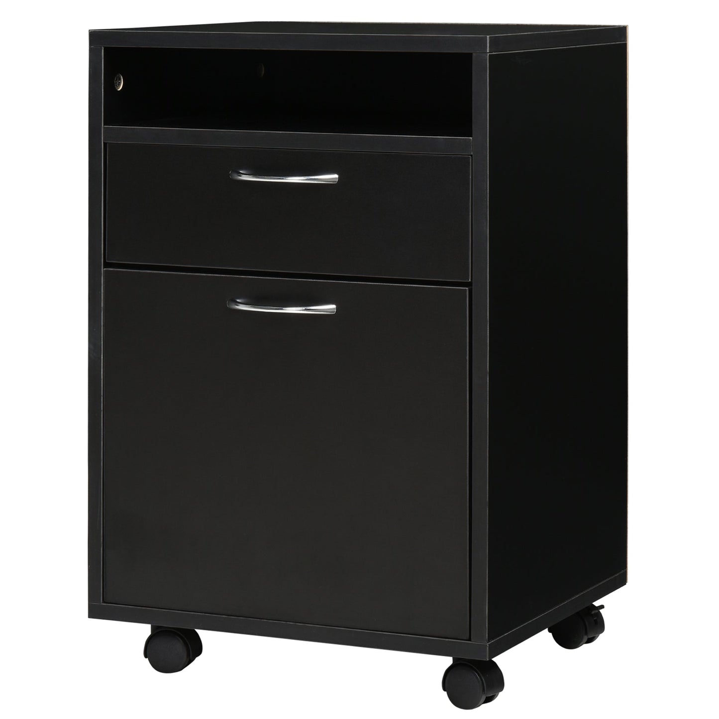 60cm Storage Cabinet w/ Drawer Open Shelf Metal Handles 4 Wheels Office Home Organiser Mobile Printer Black