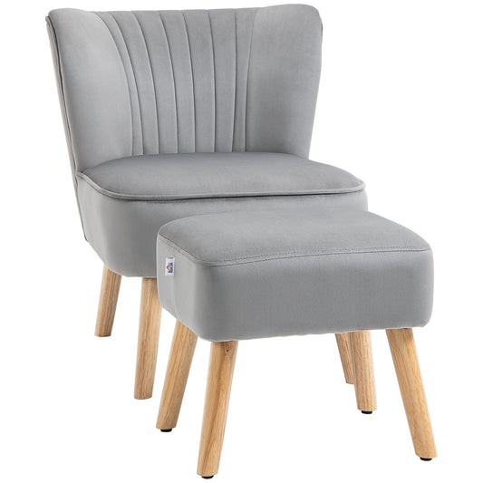 Velvet-Feel Tub Chair and Footstool - Grey