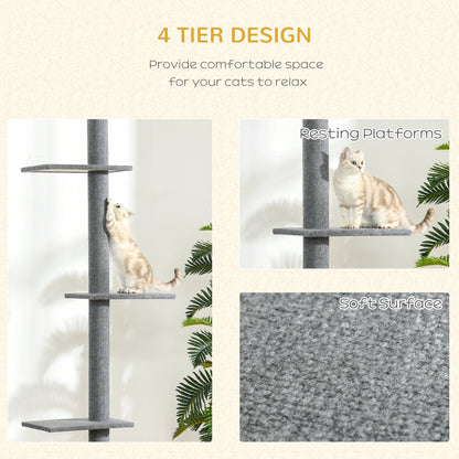 PawHut 260cm Floor To Ceiling Cat Tree Activity Center w/3 Perches Kitten Grey